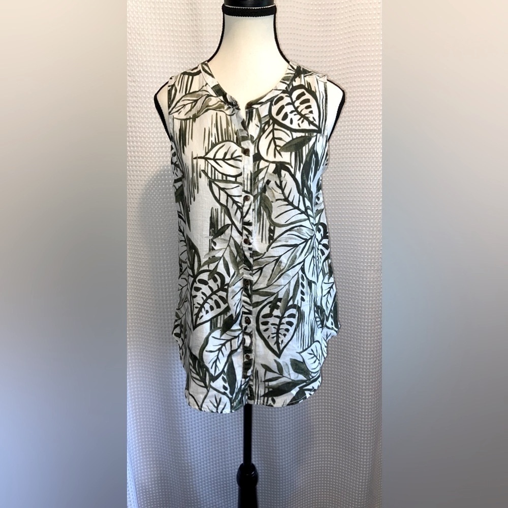TAHARI leaf print buttoned down 100% linen sleeveless blouse size small